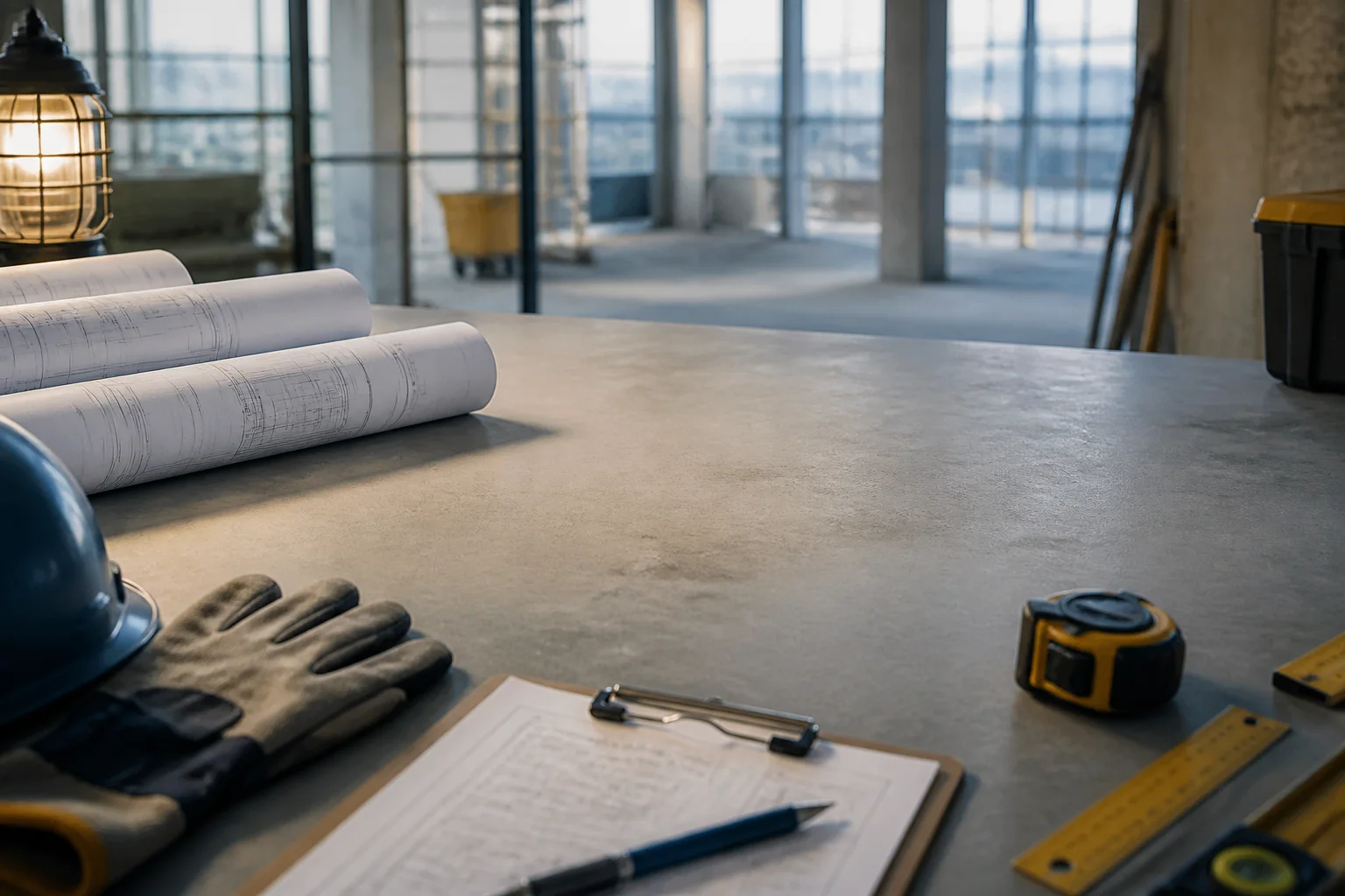 A construction operations desk behind an illustrative smartphone notification.
