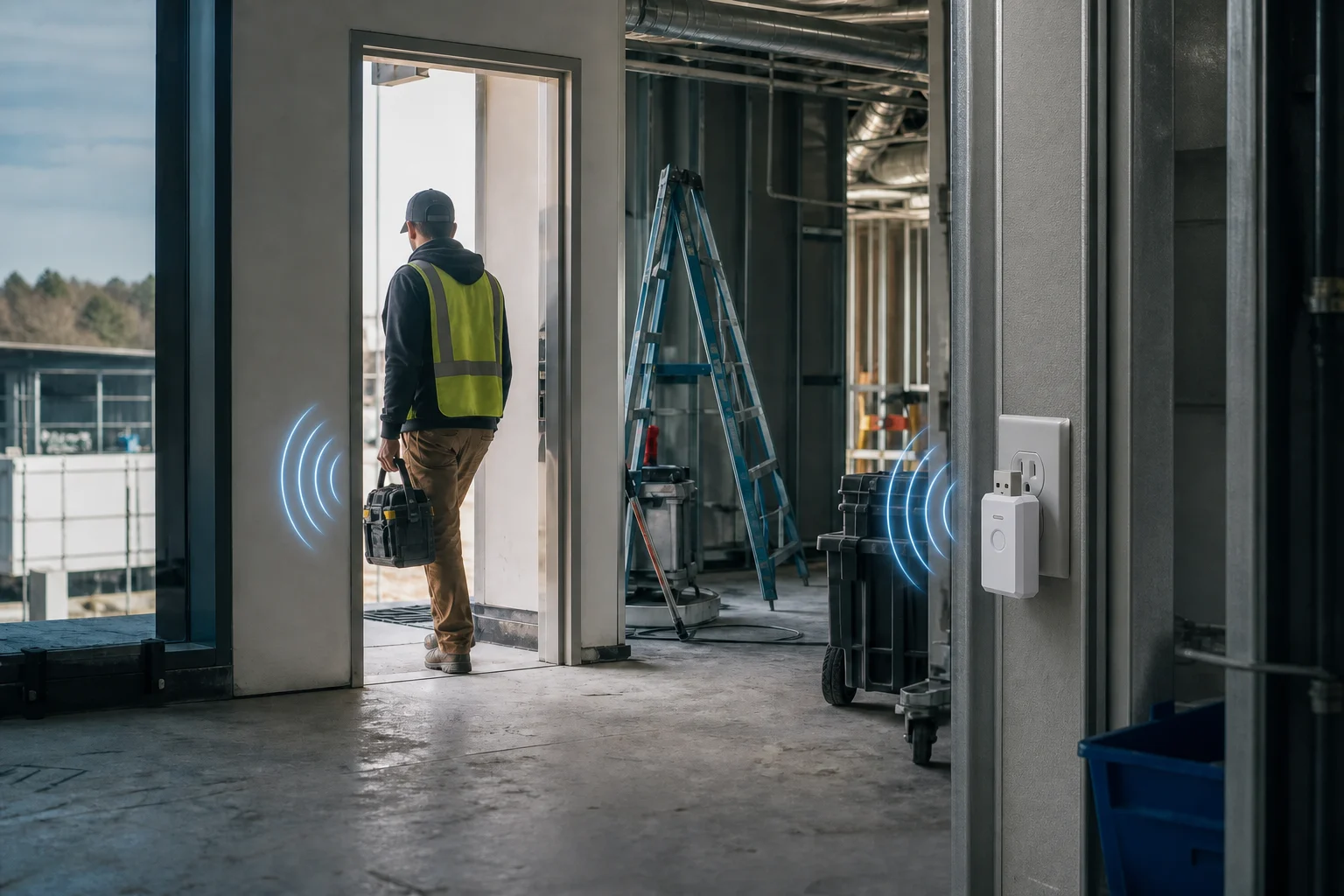 A field technician carries a tool bag past a wall-powered gateway while subtle illustrated signals radiate from the bag and gateway.