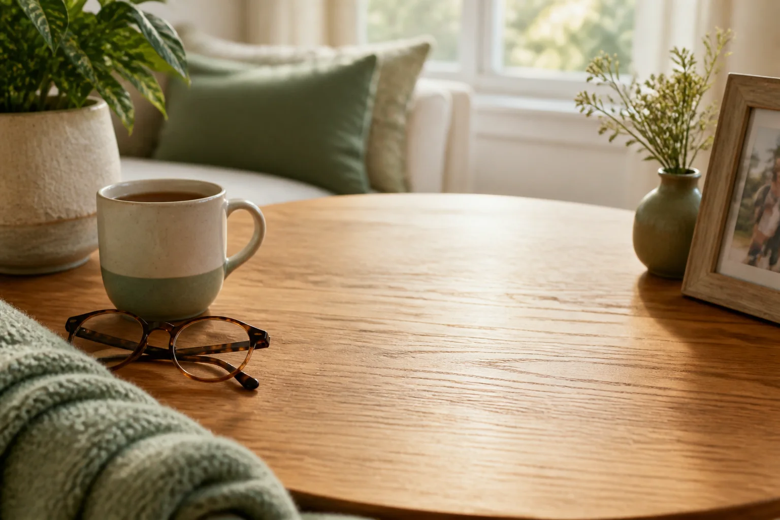 A warm home side table behind an illustrative smartphone notification.