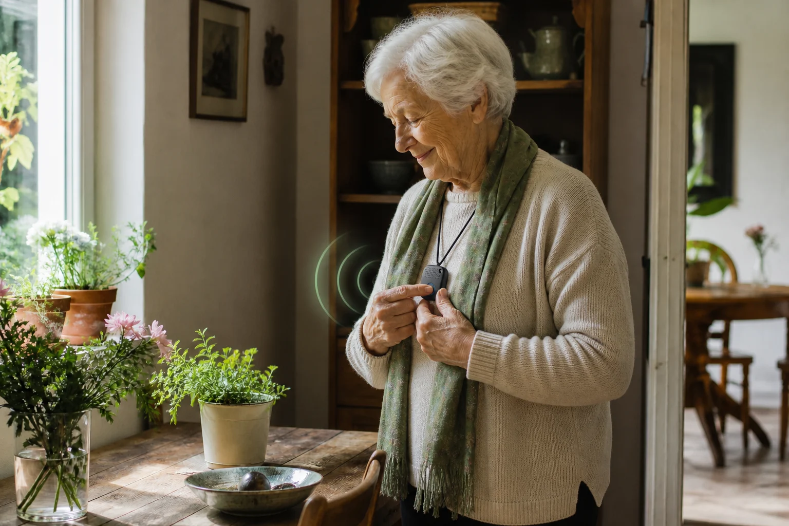 A smiling older adult presses the button on a beacon worn as a necklace while a subtle illustrated signal radiates from it.
